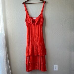 Privacy Please Orange Tiered Ruffled Midi Dress